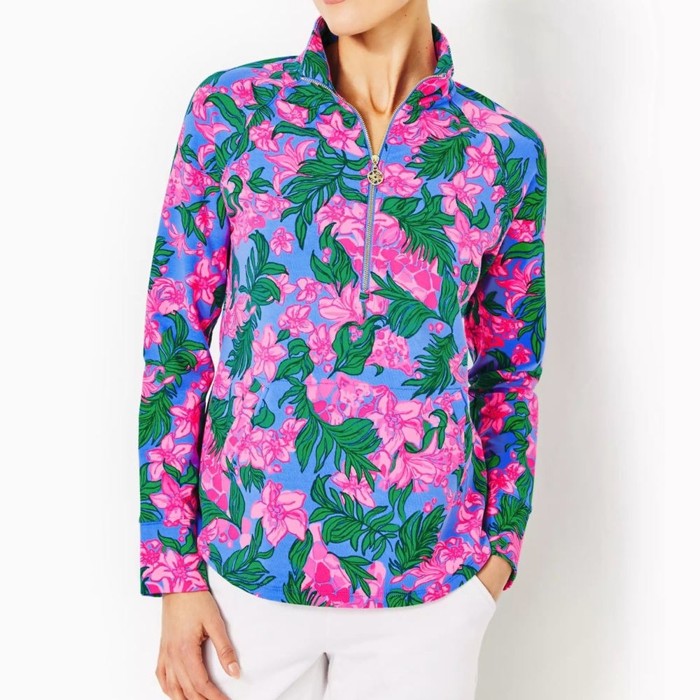 New Lilly Pulitzer UPF50 Skipper Popover Jacket Cerise Pink Safari Sunset, XL